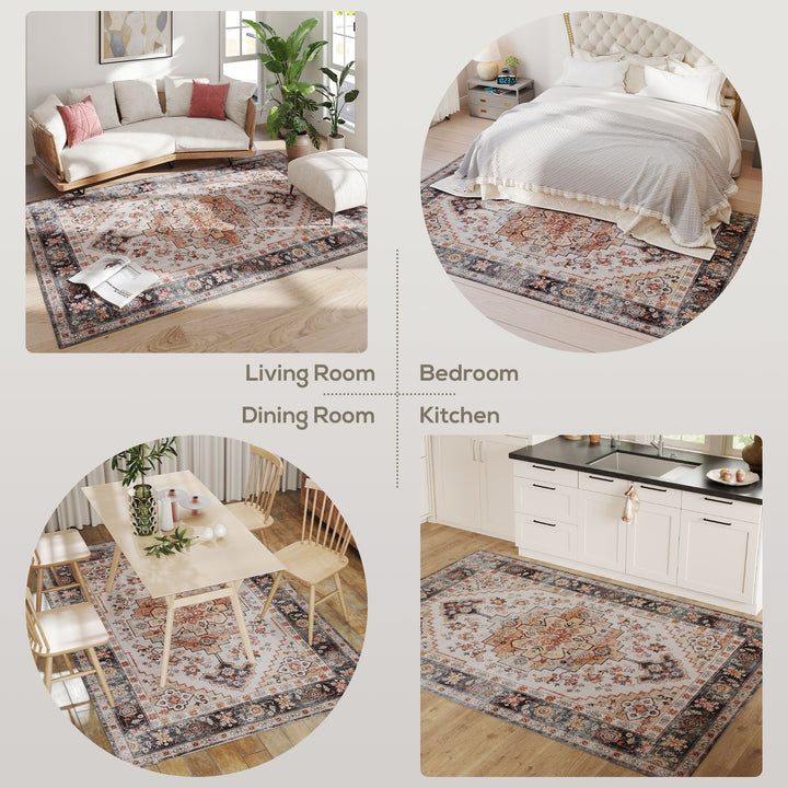 HOMCOM Area Rug 5x7, Machine Washable Rug, Non-Slip Boho Print Pattern Medallion Carpet for Living Room, Bedroom, Tawny Brown