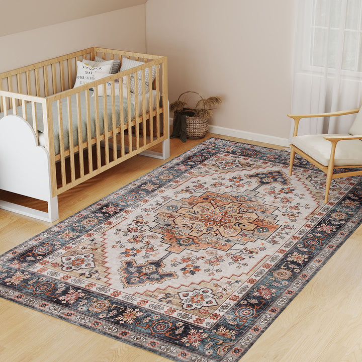 HOMCOM Area Rug 5x7, Machine Washable Rug, Non-Slip Boho Print Pattern Medallion Carpet for Living Room, Bedroom, Tawny Brown