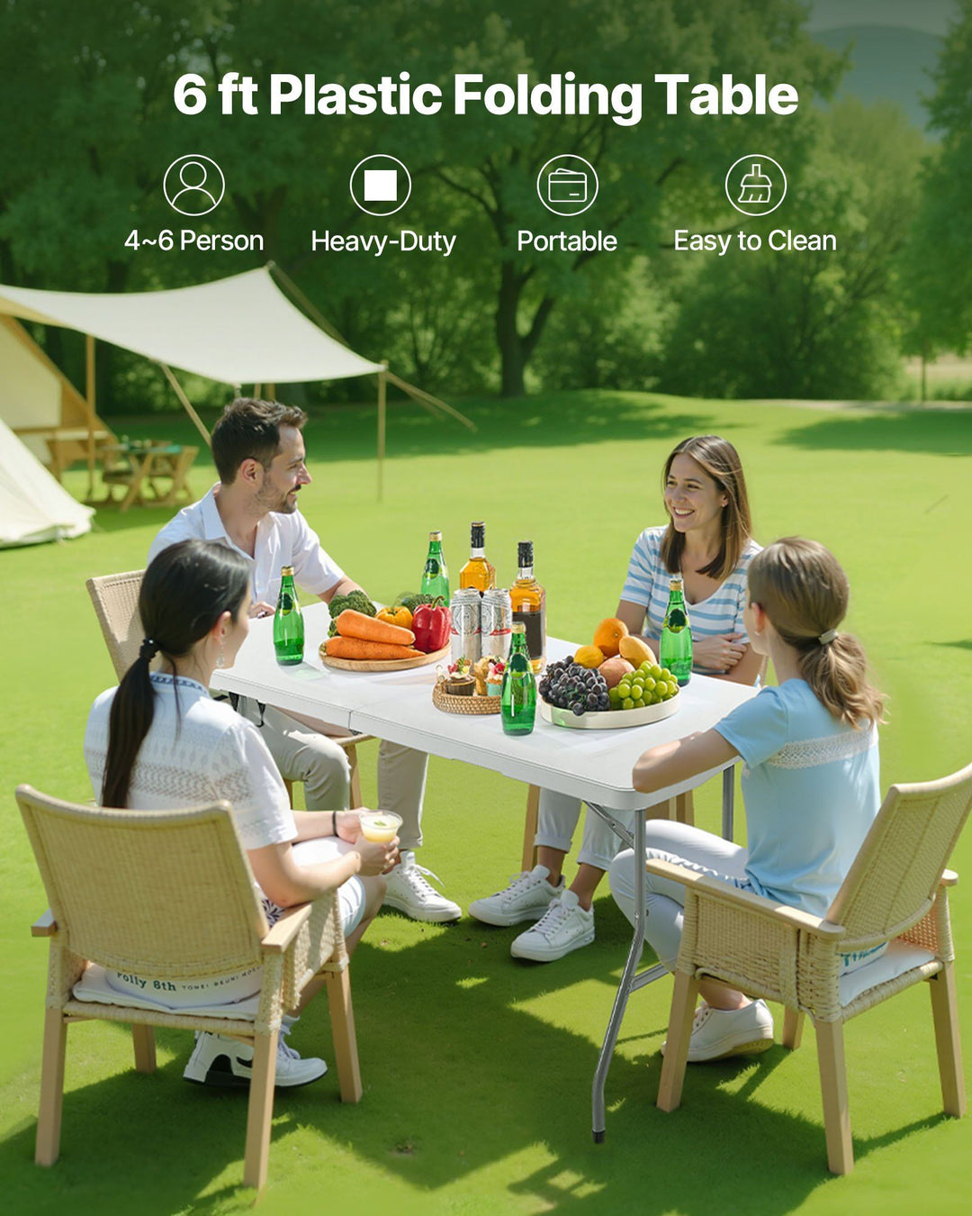 6 Ft Plastic Folding Table Portable Picnic Utility Table Handle Indoor Outdoor