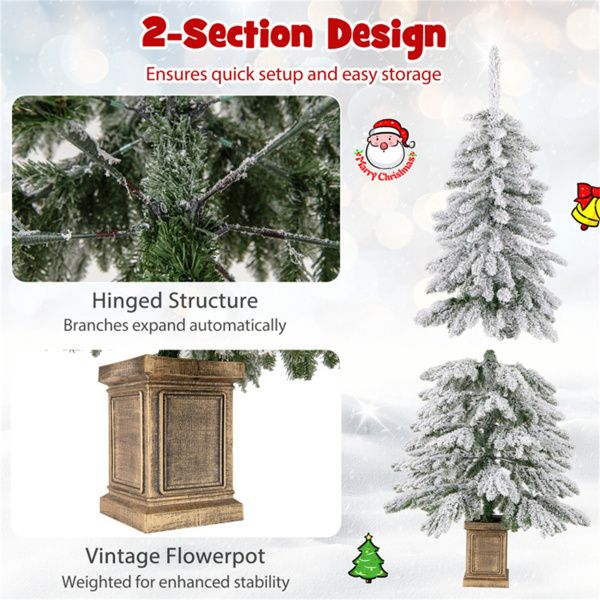 6ft Flocked Christmas Tree with 589 Branch Tips - Snow-Laden Design, 48 Xmas Balls Included, Fireproof PVC Material