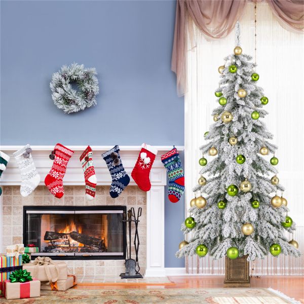 6ft Flocked Christmas Tree with 589 Branch Tips - Snow-Laden Design, 48 Xmas Balls Included, Fireproof PVC Material