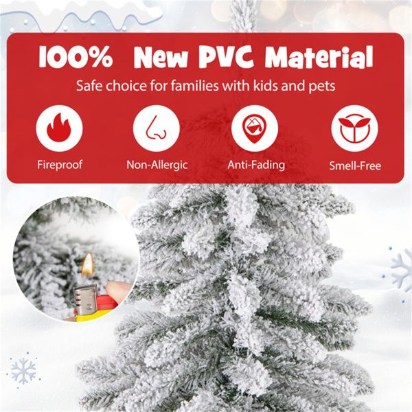 6ft Flocked Christmas Tree with 589 Branch Tips - Snow-Laden Design, 48 Xmas Balls Included, Fireproof PVC Material