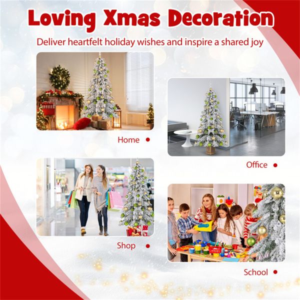6ft Flocked Christmas Tree with 589 Branch Tips - Snow-Laden Design, 48 Xmas Balls Included, Fireproof PVC Material