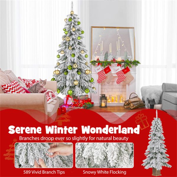 6ft Flocked Christmas Tree with 589 Branch Tips - Snow-Laden Design, 48 Xmas Balls Included, Fireproof PVC Material