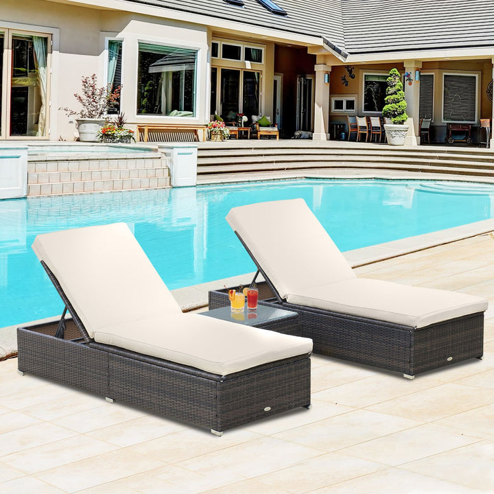 Outsunny Outdoor Lounge Chairs Set of 2 with 5-Level Angles Adjust Backrest, Thick Cushions, & Matching Table, Patio Rattan Furniture Sets for Pool Side, Balcony, Beach, Yard, MixedBrown