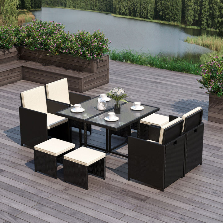Outsunny 9 Pieces Outdoor Dining Set for 8, Space Saving Wicker Chairs and Square Glass Table with Cushions and Ottomans, Rattan Conversation Patio Furniture Set for Garden, Black/Cream White