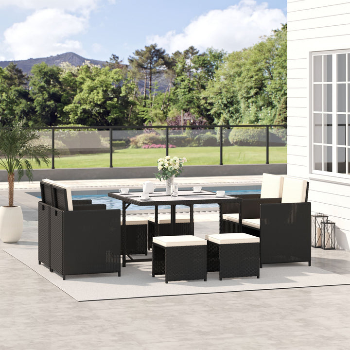 Outsunny 9 Pieces Outdoor Dining Set for 8, Space Saving Wicker Chairs and Square Glass Table with Cushions and Ottomans, Rattan Conversation Patio Furniture Set for Garden, Black/Cream White