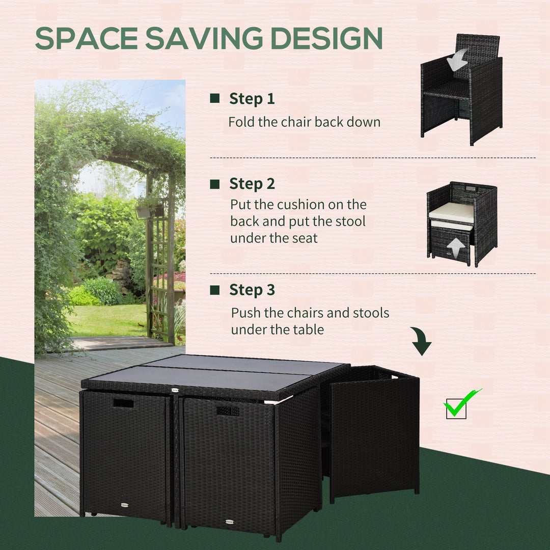 Outsunny 9 Pieces Outdoor Dining Set for 8, Space Saving Wicker Chairs and Square Glass Table with Cushions and Ottomans, Rattan Conversation Patio Furniture Set for Garden, Black/Cream White