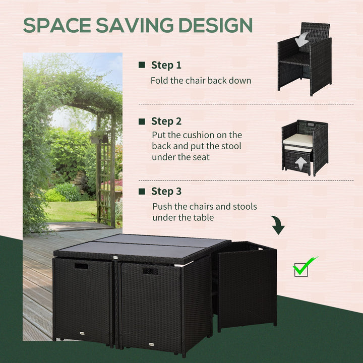 Outsunny 9 Pieces Outdoor Dining Set for 8, Space Saving Wicker Chairs and Square Glass Table with Cushions and Ottomans, Rattan Conversation Patio Furniture Set for Garden, Black/Cream White