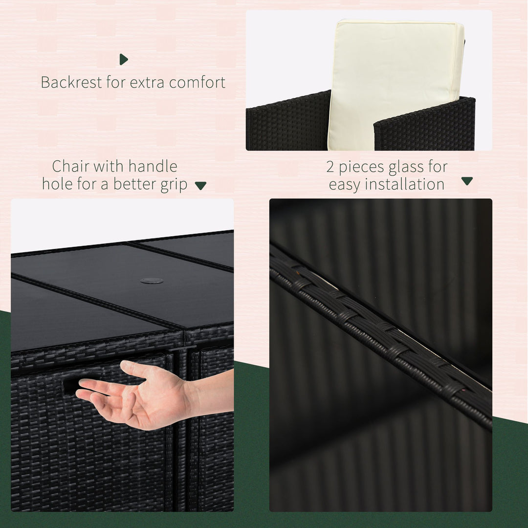 Outsunny 9 Pieces Outdoor Dining Set for 8, Space Saving Wicker Chairs and Square Glass Table with Cushions and Ottomans, Rattan Conversation Patio Furniture Set for Garden, Black/Cream White