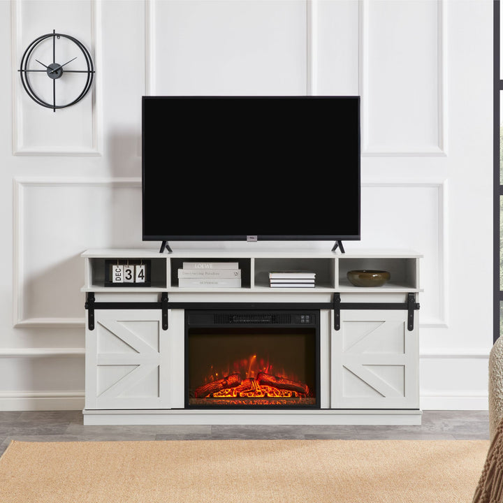 Modern Farmhouse TV Media Stand, Large Barn Inspired Home Entertainment Console, with 23" Fireplace Insert, for TV Up to 65'', with Open Shelves and Closed Cabinets, White