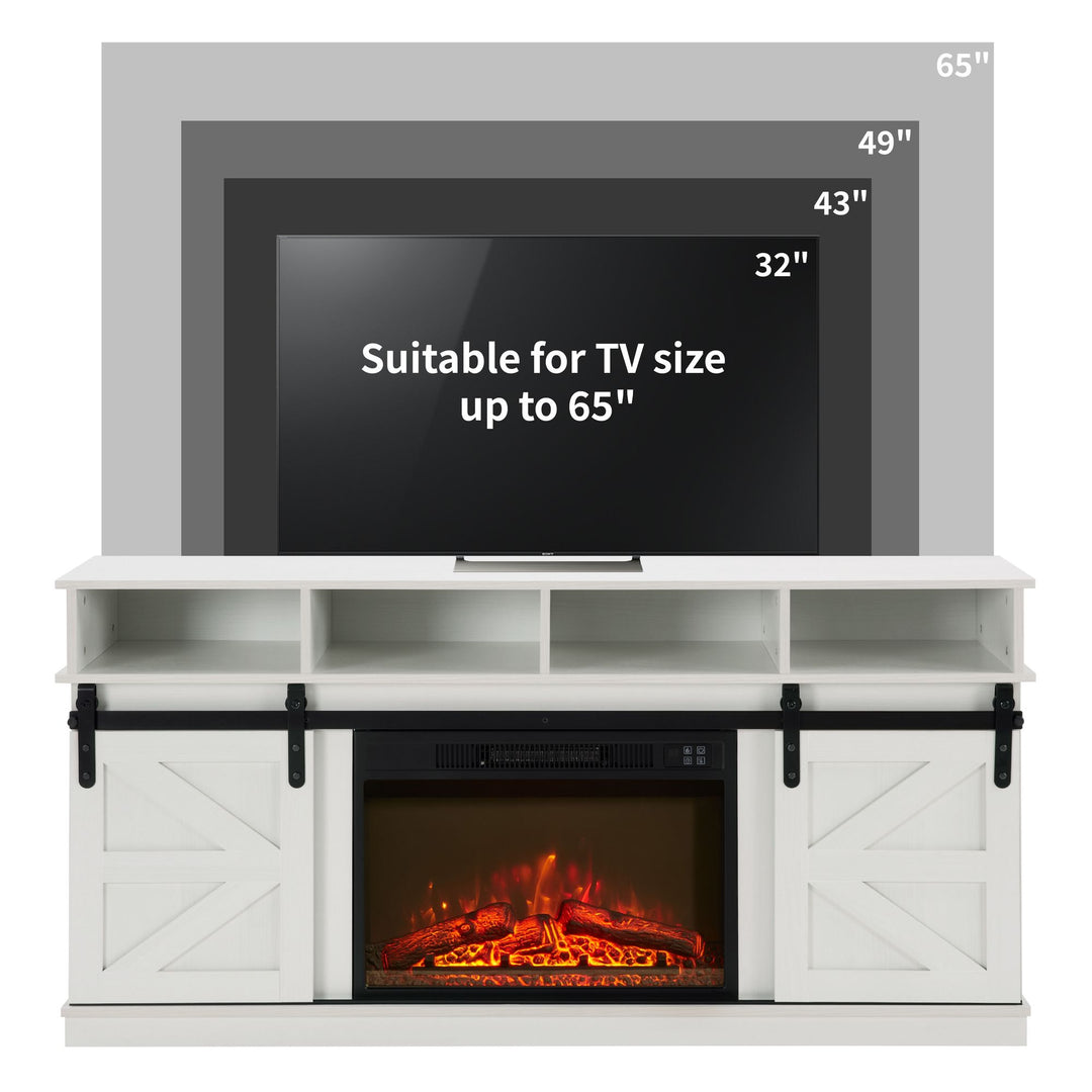 Modern Farmhouse TV Media Stand, Large Barn Inspired Home Entertainment Console, with 23" Fireplace Insert, for TV Up to 65'', with Open Shelves and Closed Cabinets, White