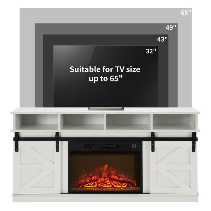 Modern Farmhouse TV Media Stand, Large Barn Inspired Home Entertainment Console, with 23" Fireplace Insert, for TV Up to 65'', with Open Shelves and Closed Cabinets, White
