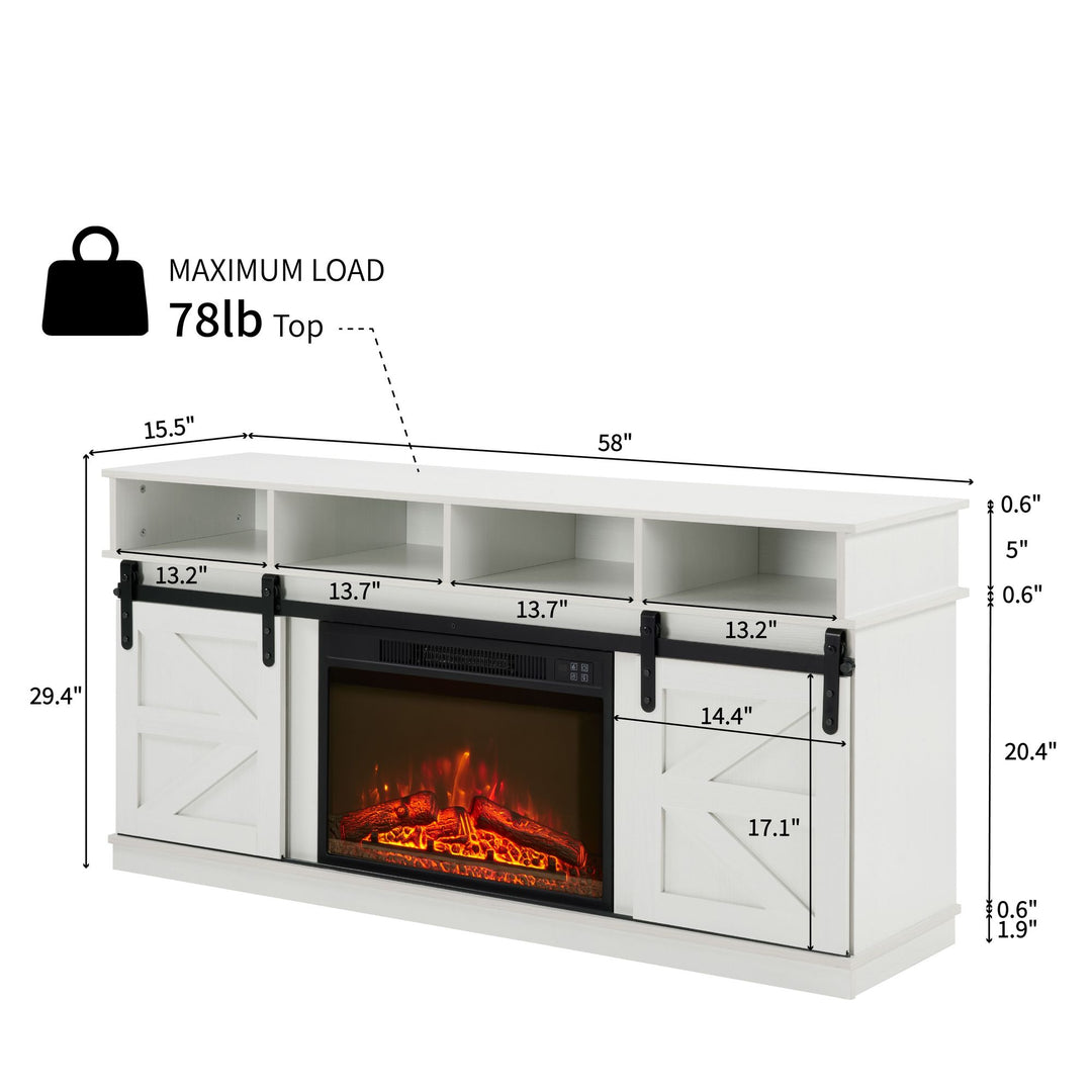 Modern Farmhouse TV Media Stand, Large Barn Inspired Home Entertainment Console, with 23" Fireplace Insert, for TV Up to 65'', with Open Shelves and Closed Cabinets, White