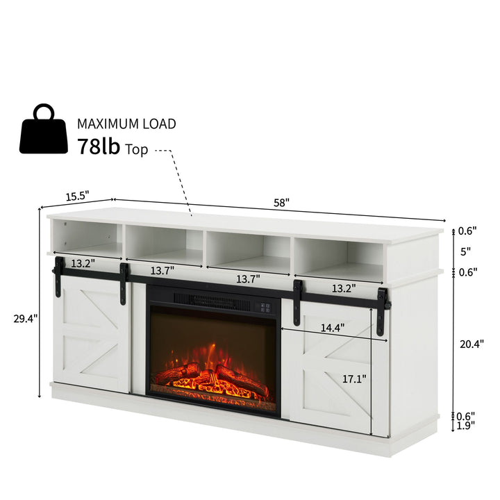 Modern Farmhouse TV Media Stand, Large Barn Inspired Home Entertainment Console, with 23" Fireplace Insert, for TV Up to 65'', with Open Shelves and Closed Cabinets, White