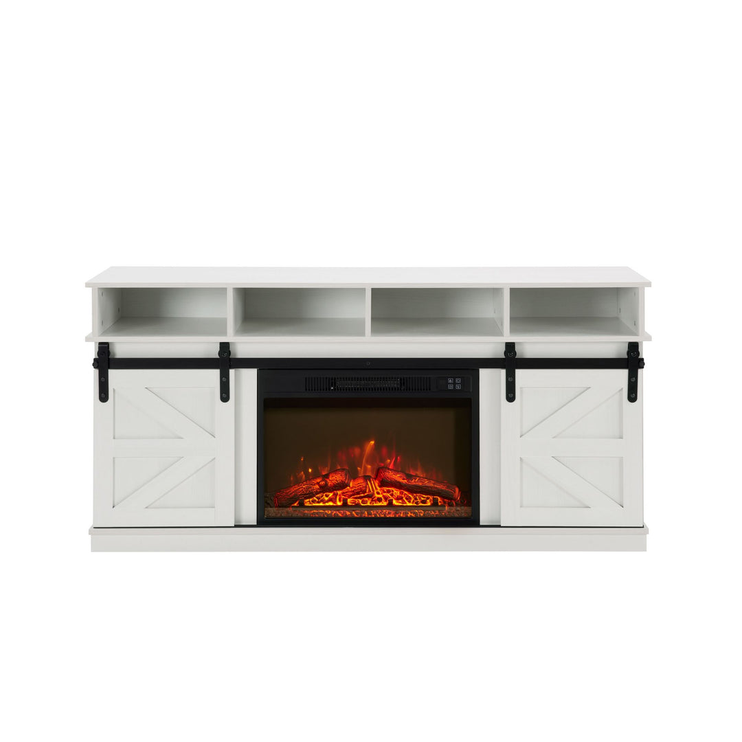 Modern Farmhouse TV Media Stand, Large Barn Inspired Home Entertainment Console, with 23" Fireplace Insert, for TV Up to 65'', with Open Shelves and Closed Cabinets, White