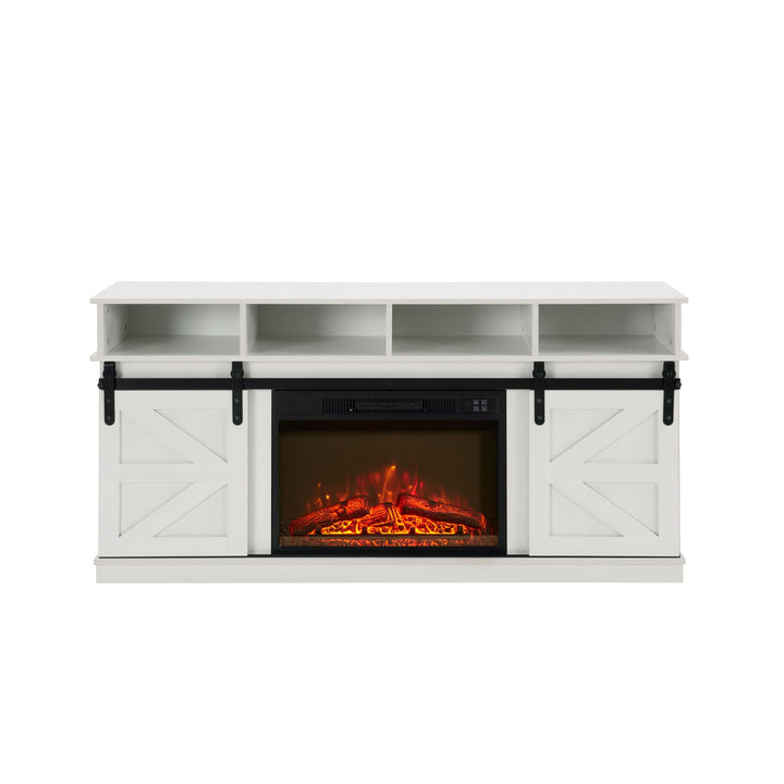 Modern Farmhouse TV Media Stand, Large Barn Inspired Home Entertainment Console, with 23" Fireplace Insert, for TV Up to 65'', with Open Shelves and Closed Cabinets, White