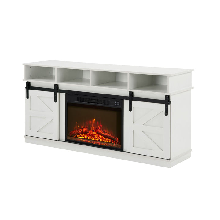Modern Farmhouse TV Media Stand, Large Barn Inspired Home Entertainment Console, with 23" Fireplace Insert, for TV Up to 65'', with Open Shelves and Closed Cabinets, White