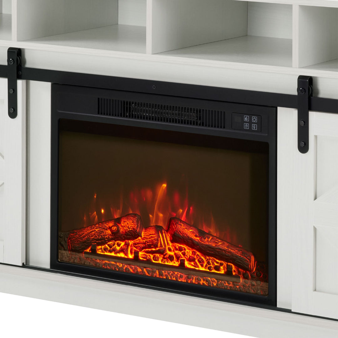 Modern Farmhouse TV Media Stand, Large Barn Inspired Home Entertainment Console, with 23" Fireplace Insert, for TV Up to 65'', with Open Shelves and Closed Cabinets, White