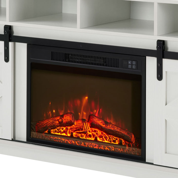 Modern Farmhouse TV Media Stand, Large Barn Inspired Home Entertainment Console, with 23" Fireplace Insert, for TV Up to 65'', with Open Shelves and Closed Cabinets, White