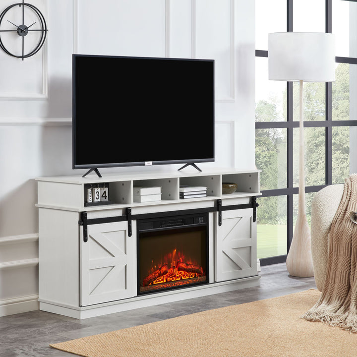 Modern Farmhouse TV Media Stand, Large Barn Inspired Home Entertainment Console, with 23" Fireplace Insert, for TV Up to 65'', with Open Shelves and Closed Cabinets, White