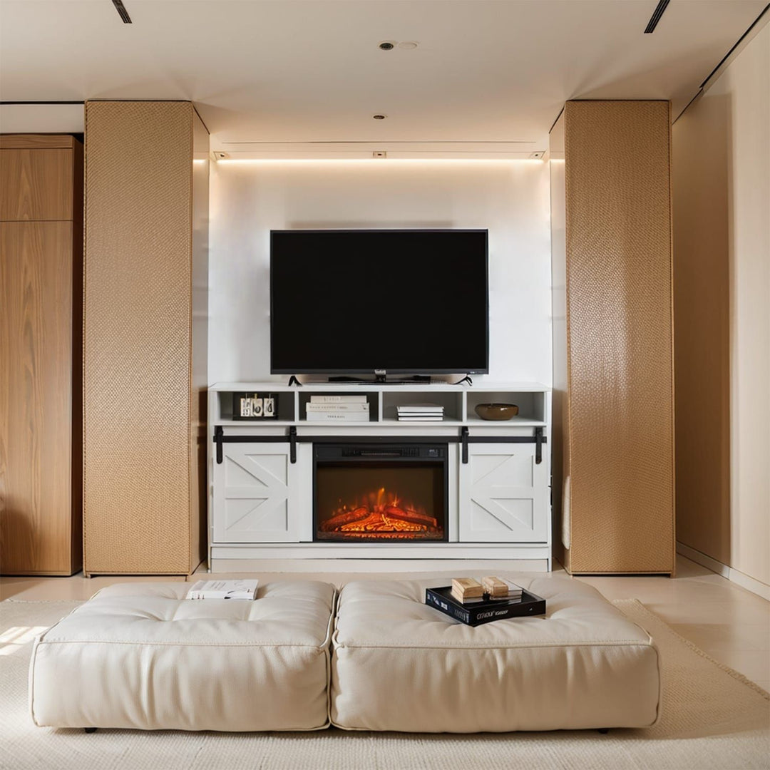 Modern Farmhouse TV Media Stand, Large Barn Inspired Home Entertainment Console, with 23" Fireplace Insert, for TV Up to 65'', with Open Shelves and Closed Cabinets, White