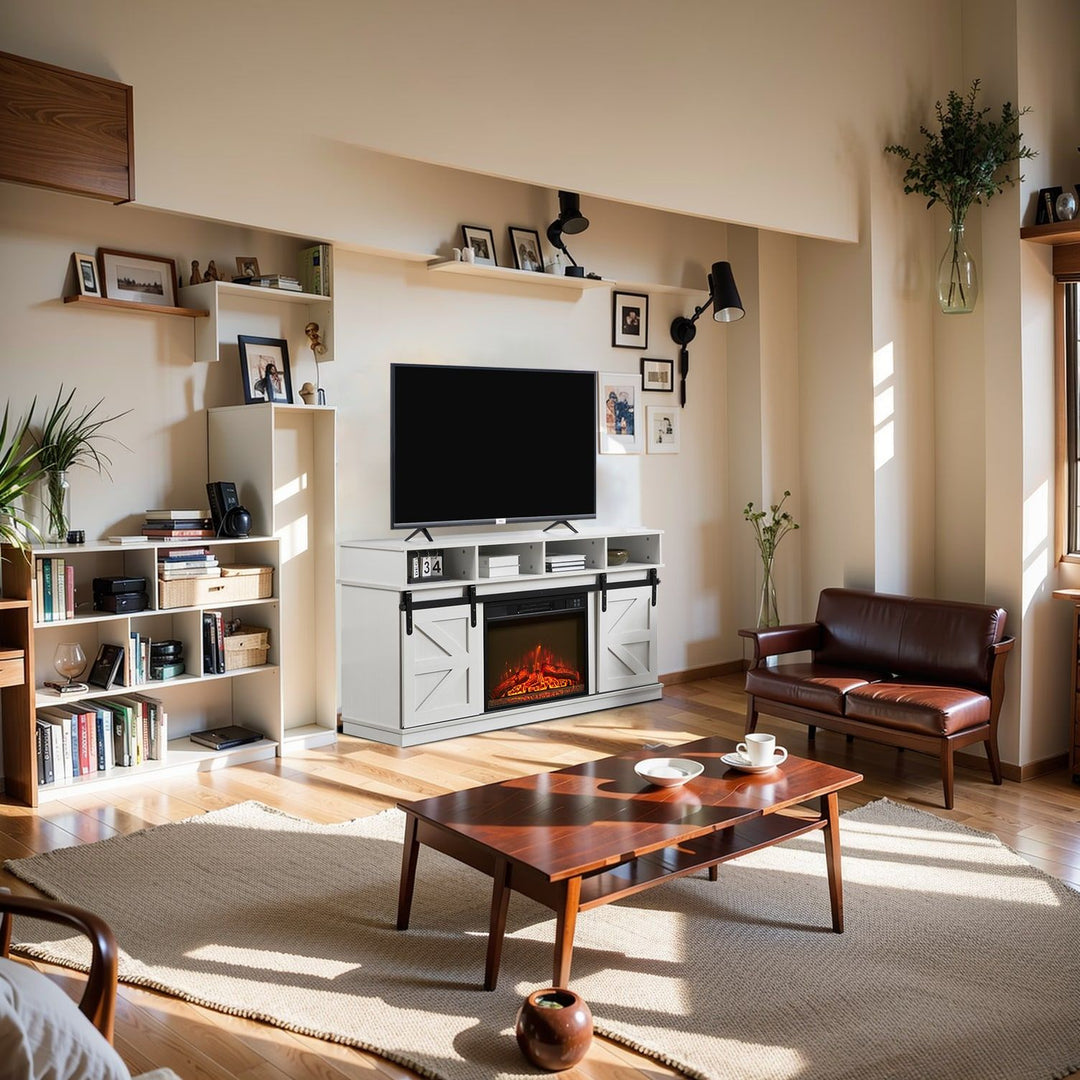 Modern Farmhouse TV Media Stand, Large Barn Inspired Home Entertainment Console, with 23" Fireplace Insert, for TV Up to 65'', with Open Shelves and Closed Cabinets, White