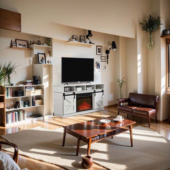 Modern Farmhouse TV Media Stand, Large Barn Inspired Home Entertainment Console, with 23" Fireplace Insert, for TV Up to 65'', with Open Shelves and Closed Cabinets, White