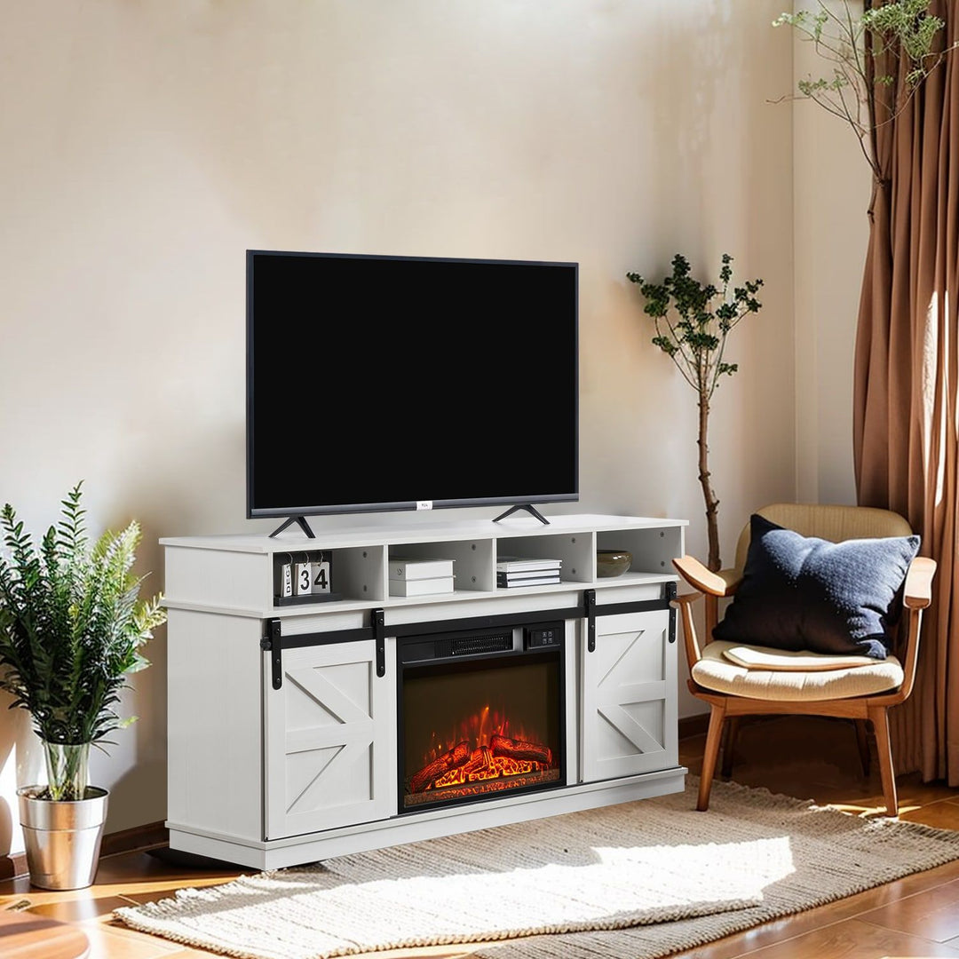 Modern Farmhouse TV Media Stand, Large Barn Inspired Home Entertainment Console, with 23" Fireplace Insert, for TV Up to 65'', with Open Shelves and Closed Cabinets, White