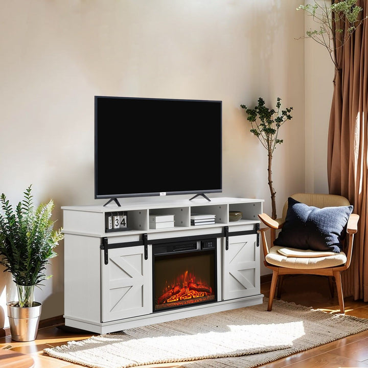 Modern Farmhouse TV Media Stand, Large Barn Inspired Home Entertainment Console, with 23" Fireplace Insert, for TV Up to 65'', with Open Shelves and Closed Cabinets, White