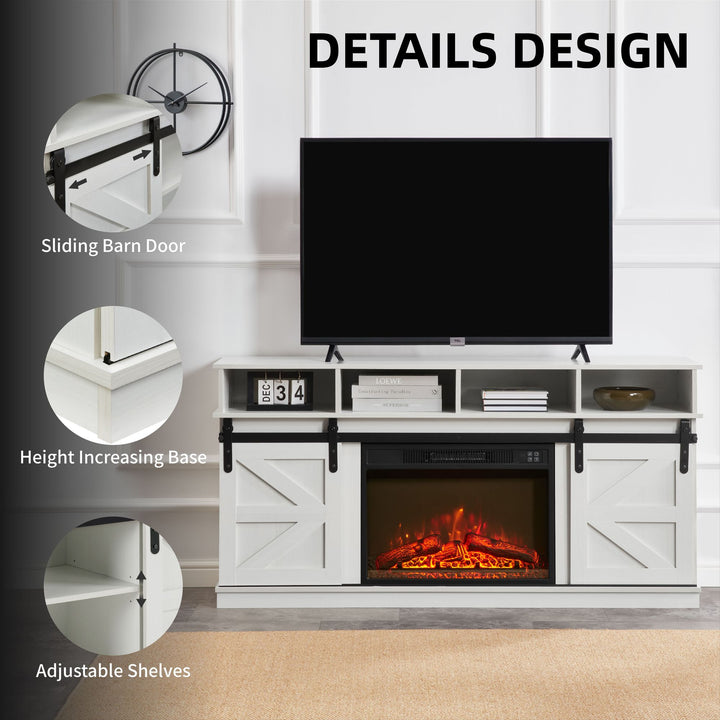 Modern Farmhouse TV Media Stand, Large Barn Inspired Home Entertainment Console, with 23" Fireplace Insert, for TV Up to 65'', with Open Shelves and Closed Cabinets, White