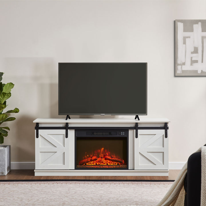 Fireplace TV Stand for Television up to 65 Inch with Storage and Farmhouse Sliding Barn Doors, Entertainment Center with Cabinet and Shelves,White