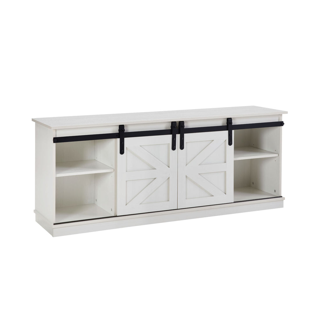Fireplace TV Stand for Television up to 65 Inch with Storage and Farmhouse Sliding Barn Doors, Entertainment Center with Cabinet and Shelves,White