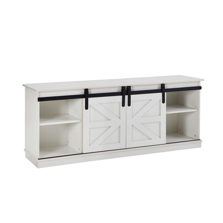 Fireplace TV Stand for Television up to 65 Inch with Storage and Farmhouse Sliding Barn Doors, Entertainment Center with Cabinet and Shelves,White