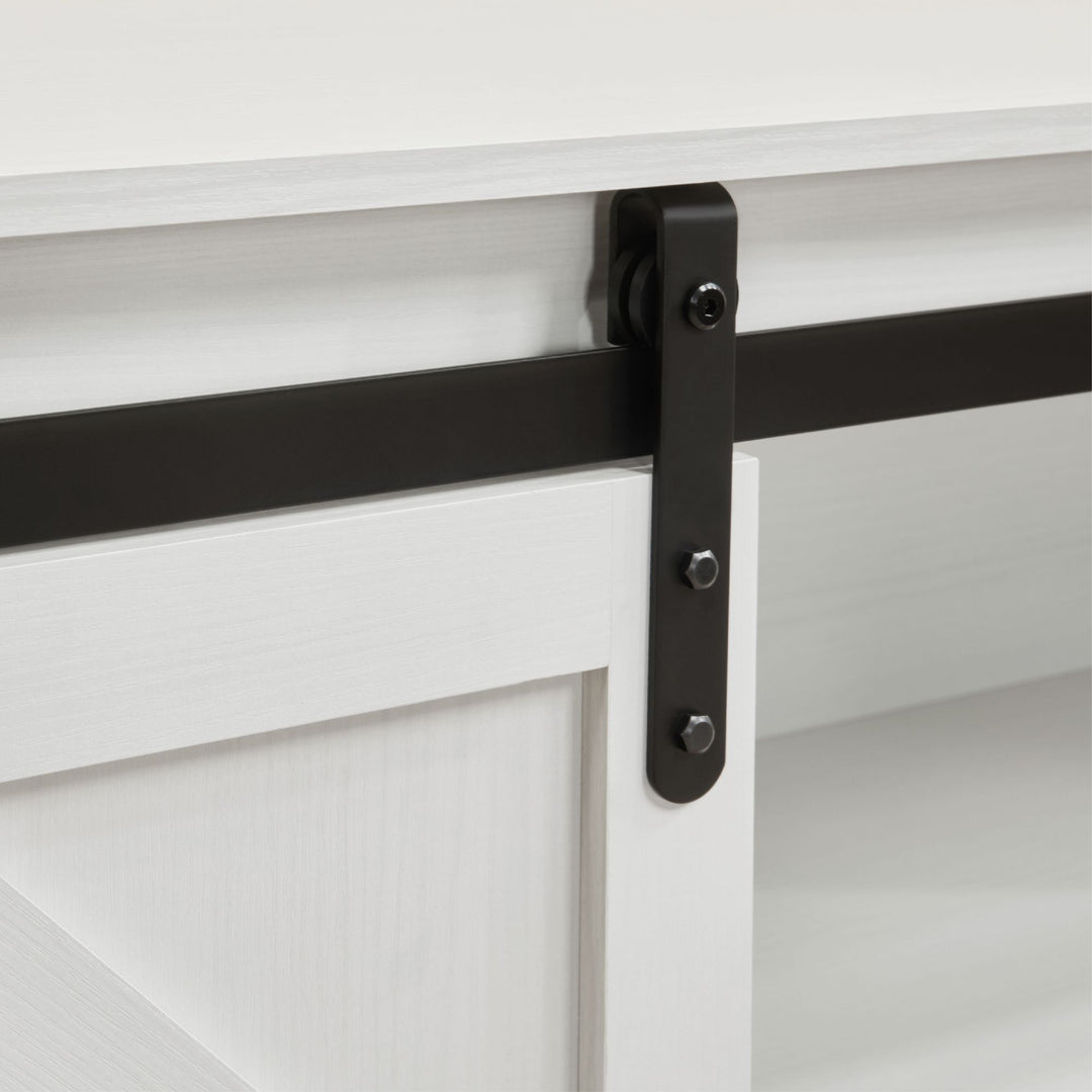 Fireplace TV Stand for Television up to 65 Inch with Storage and Farmhouse Sliding Barn Doors, Entertainment Center with Cabinet and Shelves,White