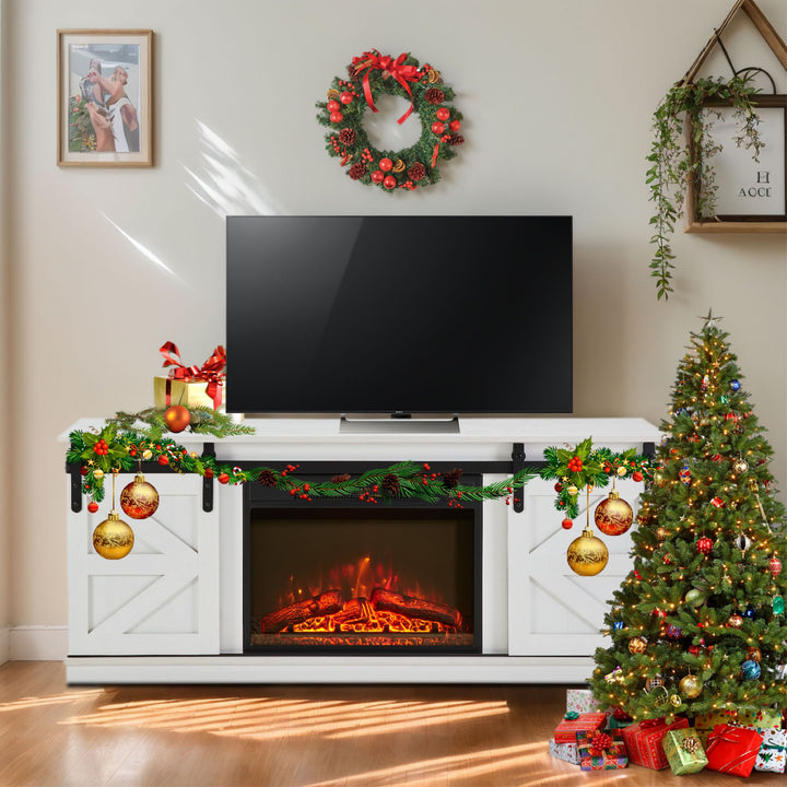 Fireplace TV Stand for Television up to 65 Inch with Storage and Farmhouse Sliding Barn Doors, Entertainment Center with Cabinet and Shelves,White
