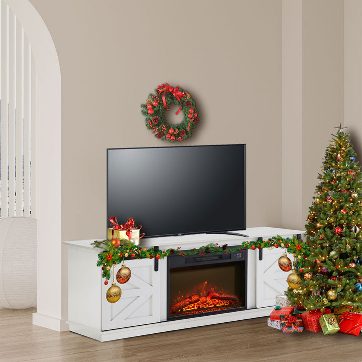 Fireplace TV Stand for Television up to 65 Inch with Storage and Farmhouse Sliding Barn Doors, Entertainment Center with Cabinet and Shelves,White