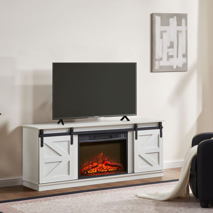 Fireplace TV Stand for Television up to 65 Inch with Storage and Farmhouse Sliding Barn Doors, Entertainment Center with Cabinet and Shelves,White
