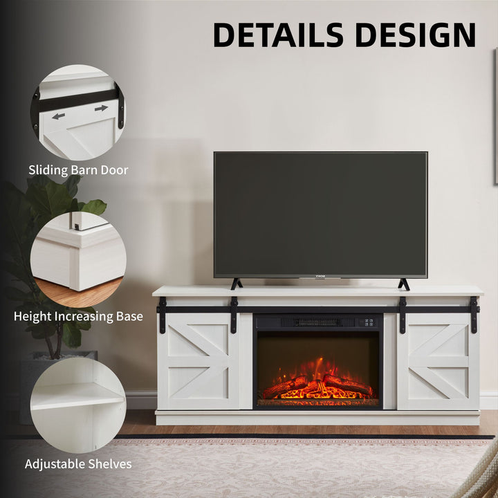 Fireplace TV Stand for Television up to 65 Inch with Storage and Farmhouse Sliding Barn Doors, Entertainment Center with Cabinet and Shelves,White