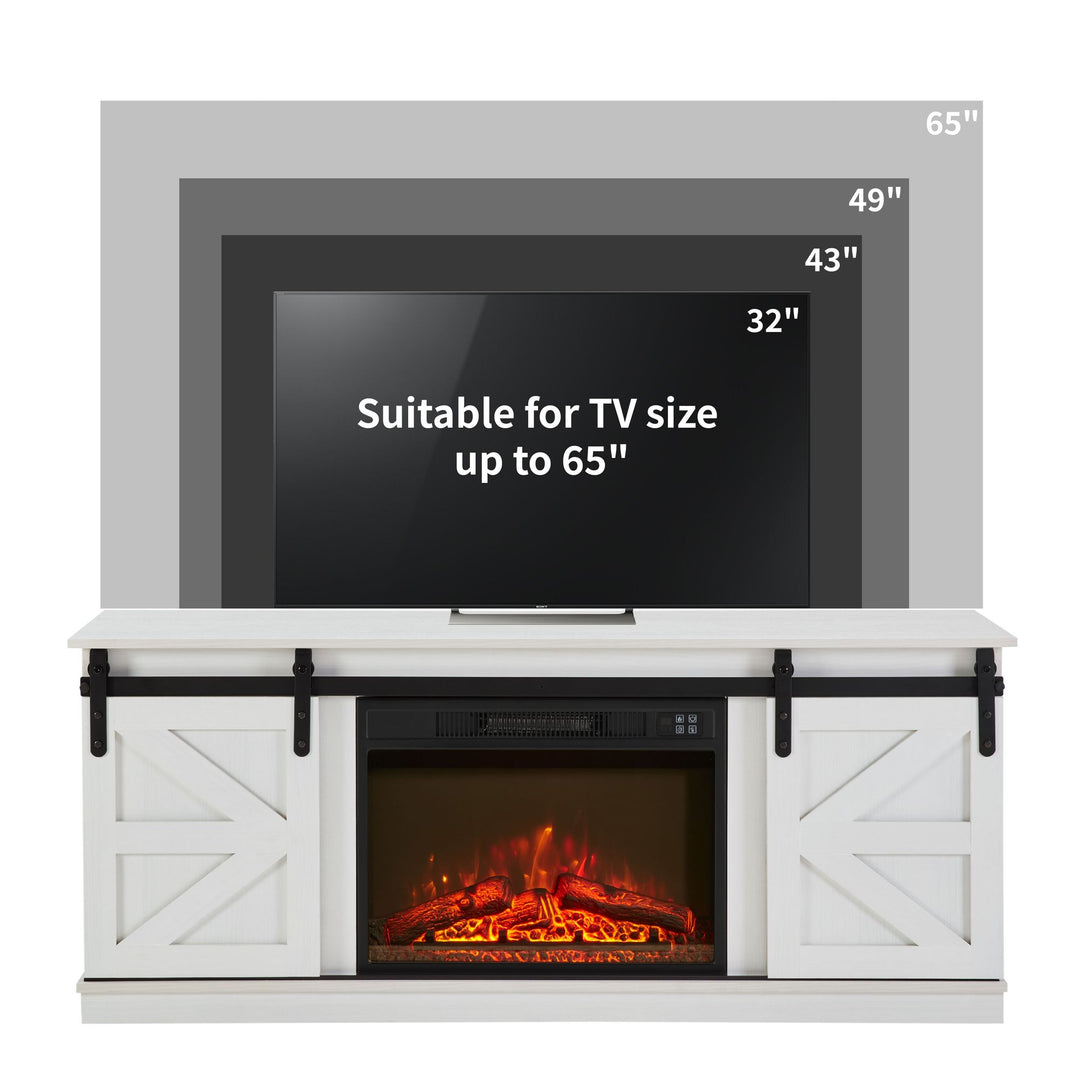 Fireplace TV Stand for Television up to 65 Inch with Storage and Farmhouse Sliding Barn Doors, Entertainment Center with Cabinet and Shelves,White