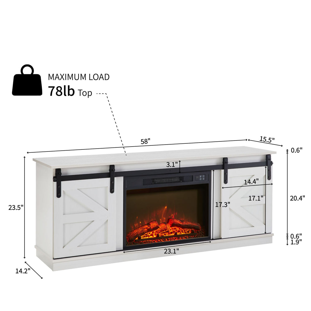 Fireplace TV Stand for Television up to 65 Inch with Storage and Farmhouse Sliding Barn Doors, Entertainment Center with Cabinet and Shelves,White