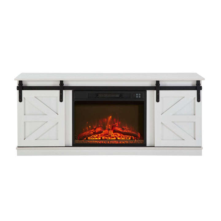 Fireplace TV Stand for Television up to 65 Inch with Storage and Farmhouse Sliding Barn Doors, Entertainment Center with Cabinet and Shelves,White