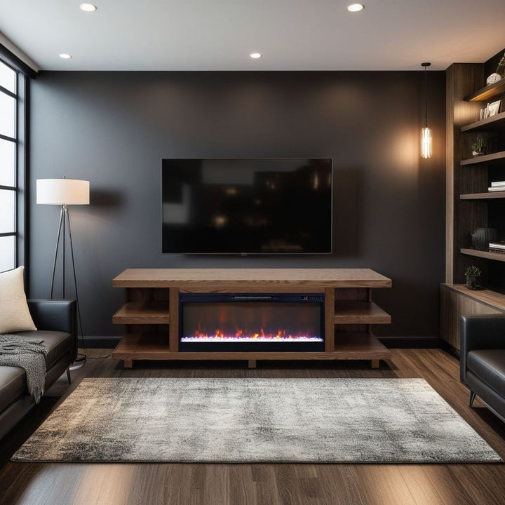 Laurel Canyon 82 inch Fireplace TV Stand for TVs up to 90 inches, Minimal Assembly, Oak Bourbon Finish