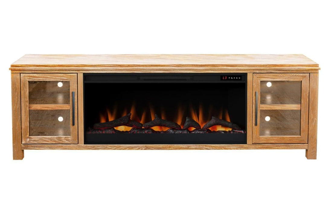 Tybee 86 inch Electric Fireplace TV Console for TVs up to 95 inches, Natural Finish