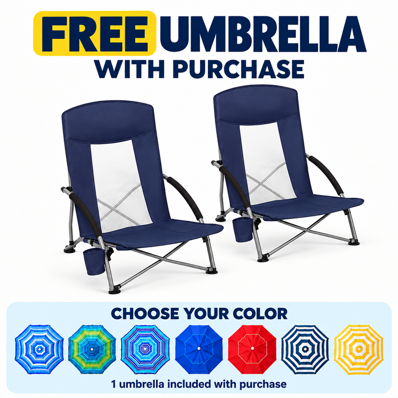 Folding Beach Chairs 2-Pack – Mesh Back with Cup Holders