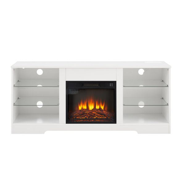 TV Stand Electric Fireplace Glass Shelves, 3D Fireplace TV Stand with LED Lights Wood with USB Charging Outlet Modern Television Table Center for TV up to 62" White, 58''W*15.5''D*24.4