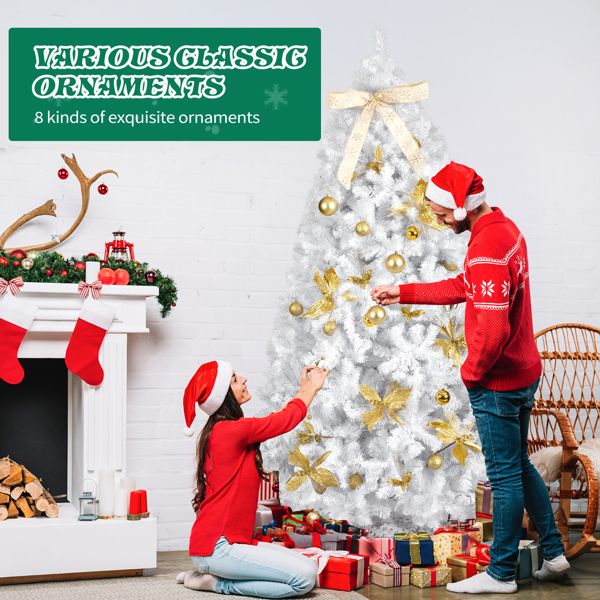 7.5 FT Artificial Christmas Tree with DIY 400 Warm White LED Lights, Hinged Xmas Pine Tree with Tree Skirt and Holiday Ornaments for Holiday Party Office Home, White Tree & Golden Decor