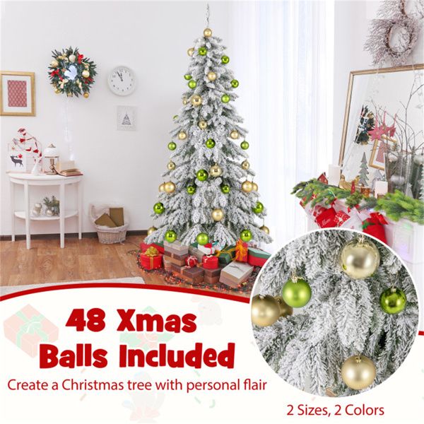 6ft Flocked Christmas Tree with 589 Branch Tips - Snow-Laden Design, 48 Xmas Balls Included, Fireproof PVC Material