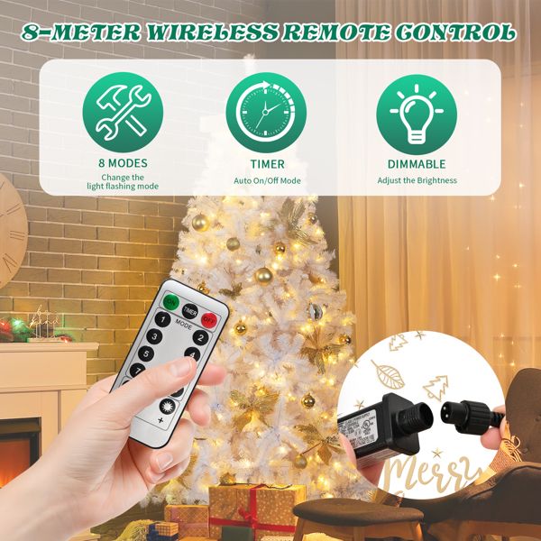 7.5 FT Artificial Christmas Tree with DIY 400 Warm White LED Lights, Hinged Xmas Pine Tree with Tree Skirt and Holiday Ornaments for Holiday Party Office Home, White Tree & Golden Decor