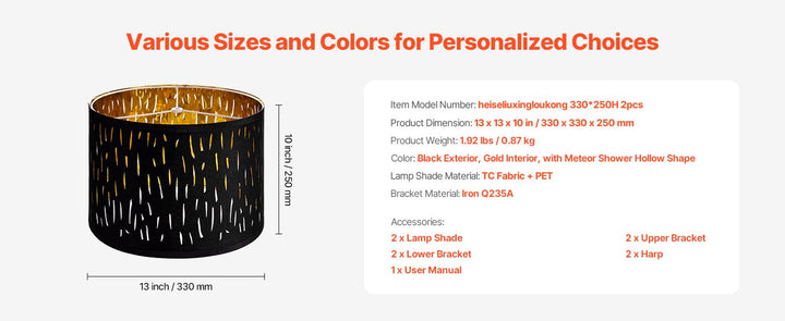 Drum Lamp Shade 2 Set 13 x 13 x 10 inches Medium Round Lampshade with Harp